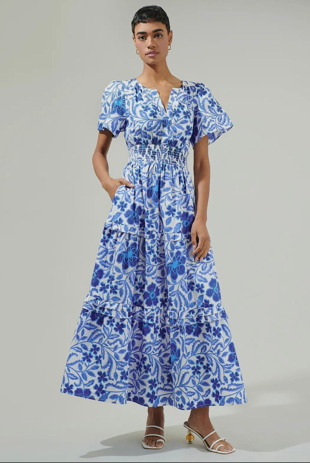 sugar lips dress Waterlilly Floral Dixie Split Neck Shift Dress LT-BLUE-MULT / S by Sugarlips